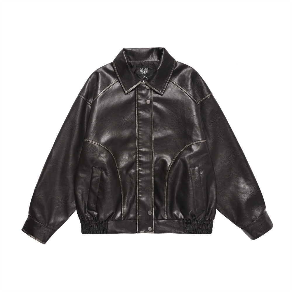 Distressed Lapel Leather Jacket Men's European And American