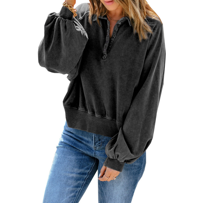 Long-sleeve Blue-dyed V-neck Pullover Sweatshirt