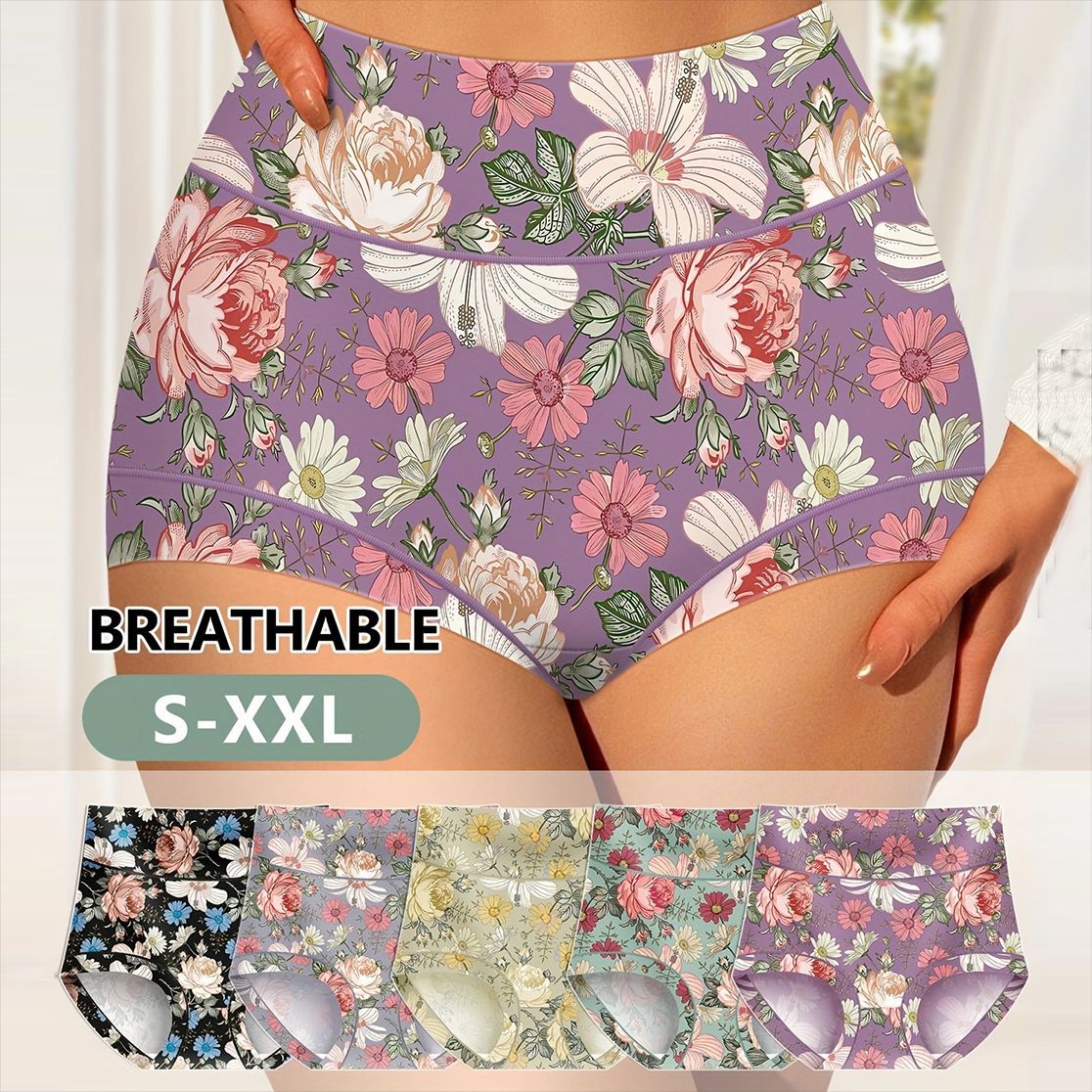 Floral Print Belly Contracting Women's Underwear High Waist
