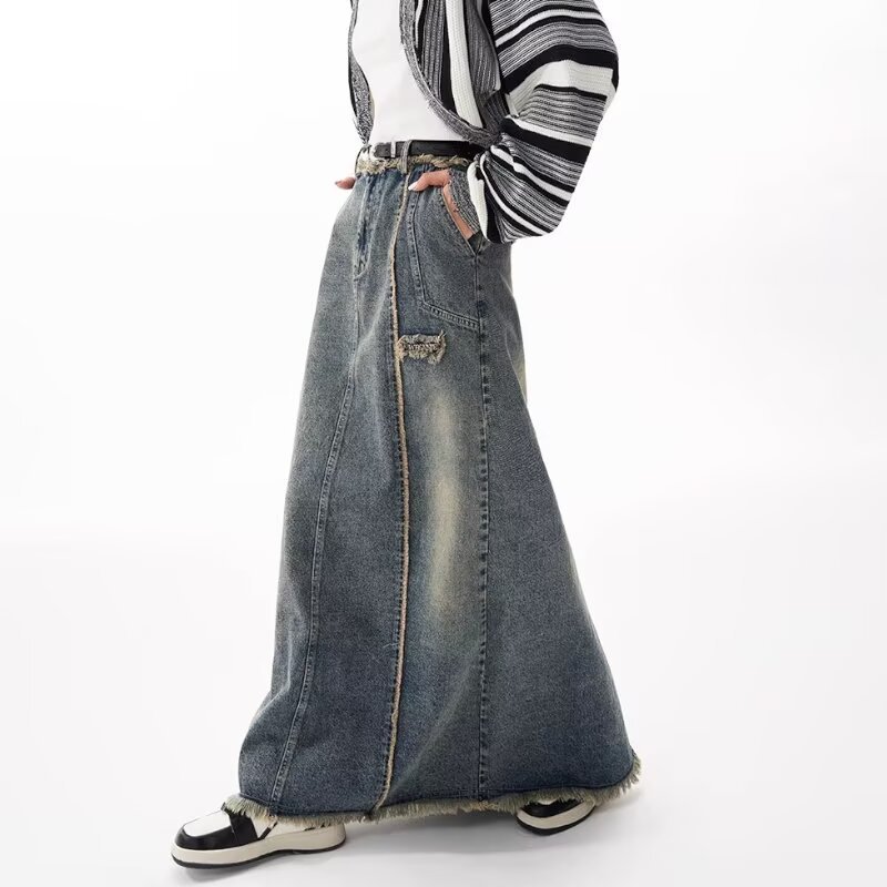 American Style Distressed Raw Edge Denim Skirt Plus Size Women