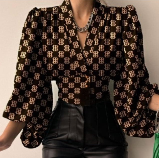 Elegant Buttoned V-Neck Puff Sleeve Top Shirt For Women
