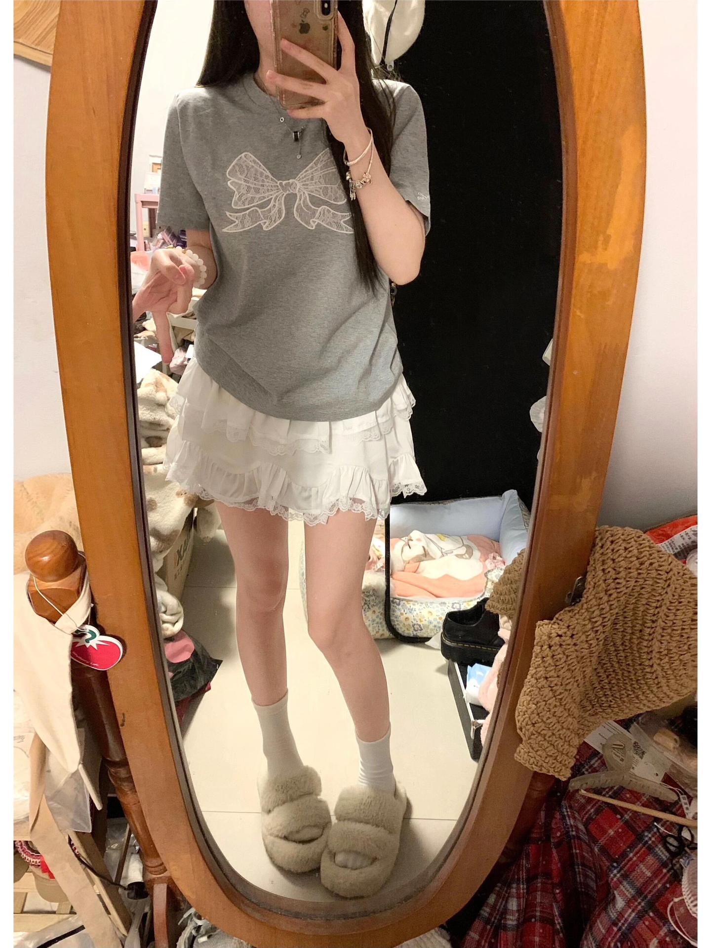 Gray Embroidered Bow Shoulder Short Sleeve