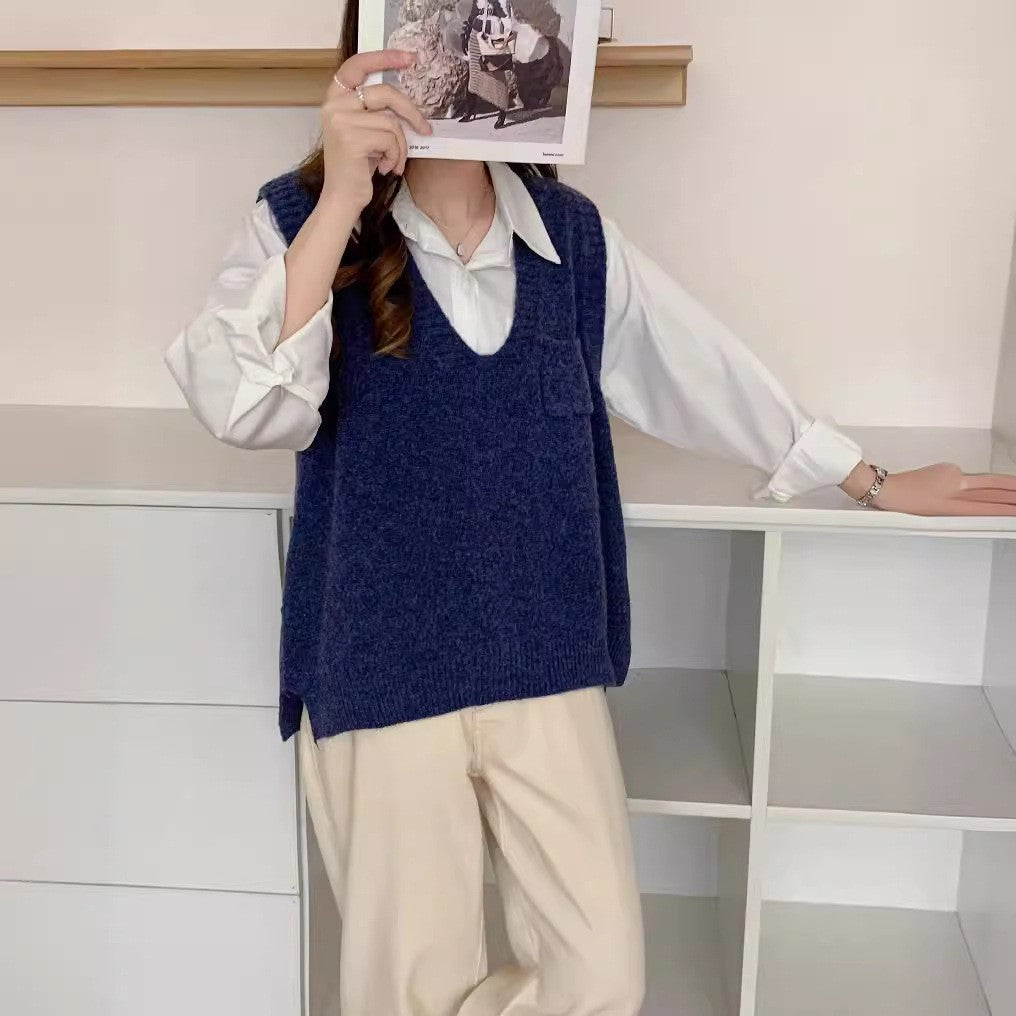 Casual  Girly Style Pocket V-neck Sleeveless Vest