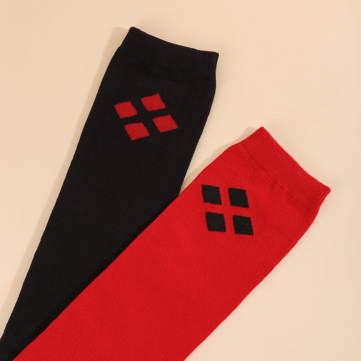 Fashion Red And Black Diamond Pattern Thigh-high Cotton Cosplay Harley Quinn Women's Socks