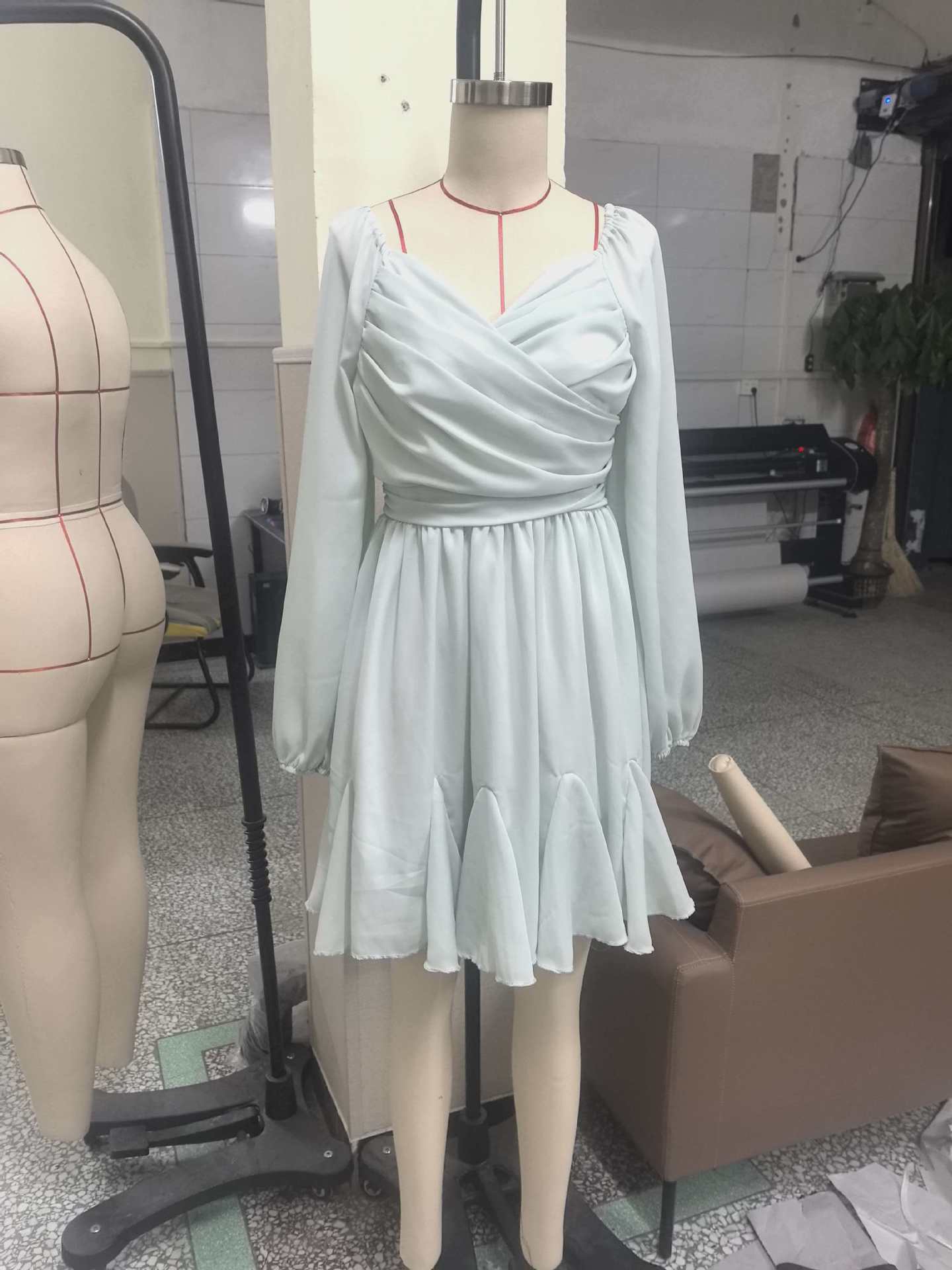 Mesh Long Sleeved Pleated Chest Wrapped Dress