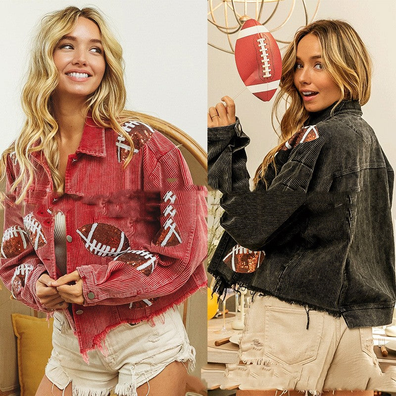 Sequined Embroidered Corduroy Rugby Wear Top