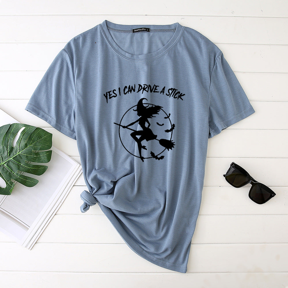 Flying Witch Print Crew Neck Short Sleeve T-Shirt