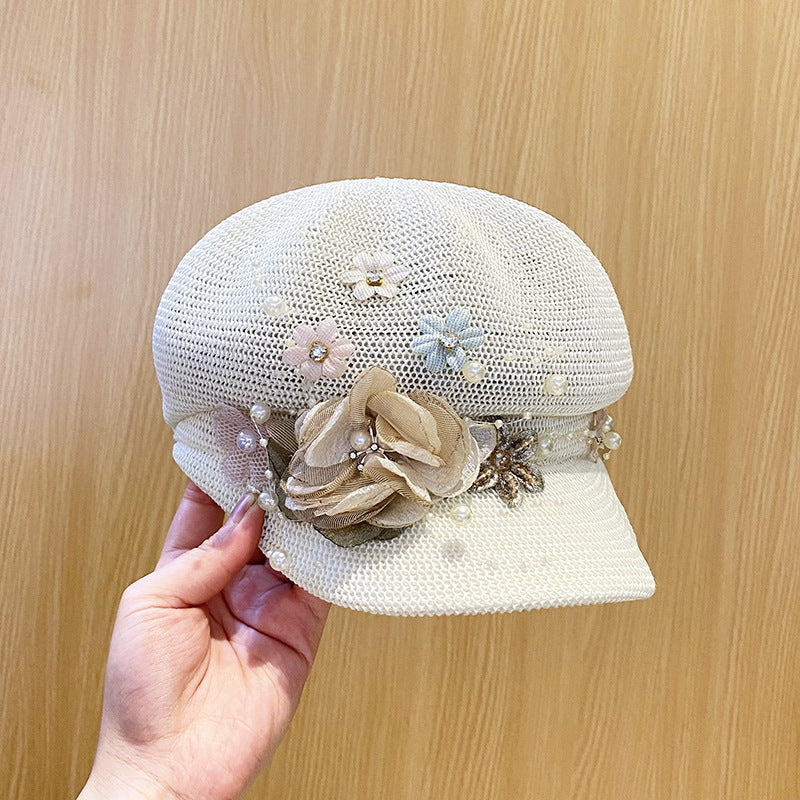 Women's Knitted Face Covering Breathable Pearl Flower Beret