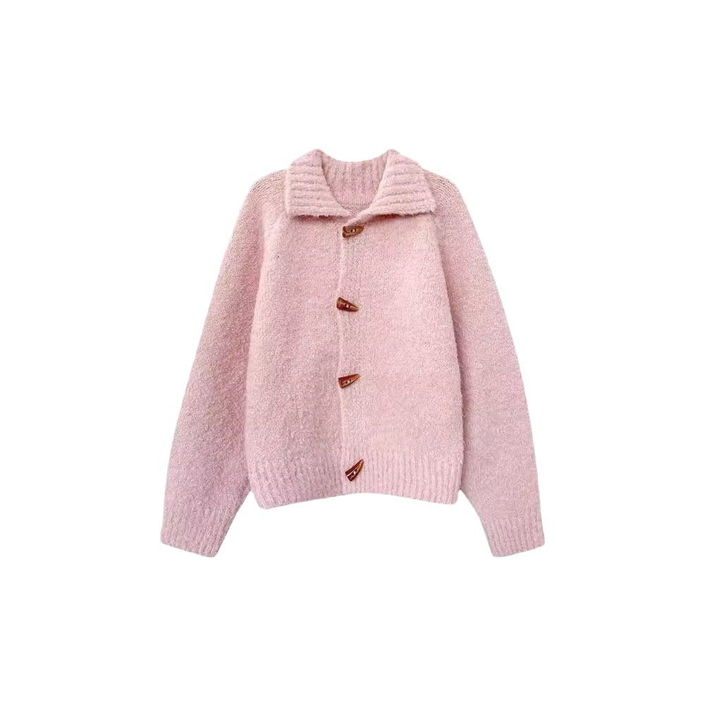 Retro Horn Button Solid Color Sweater Coat For Women