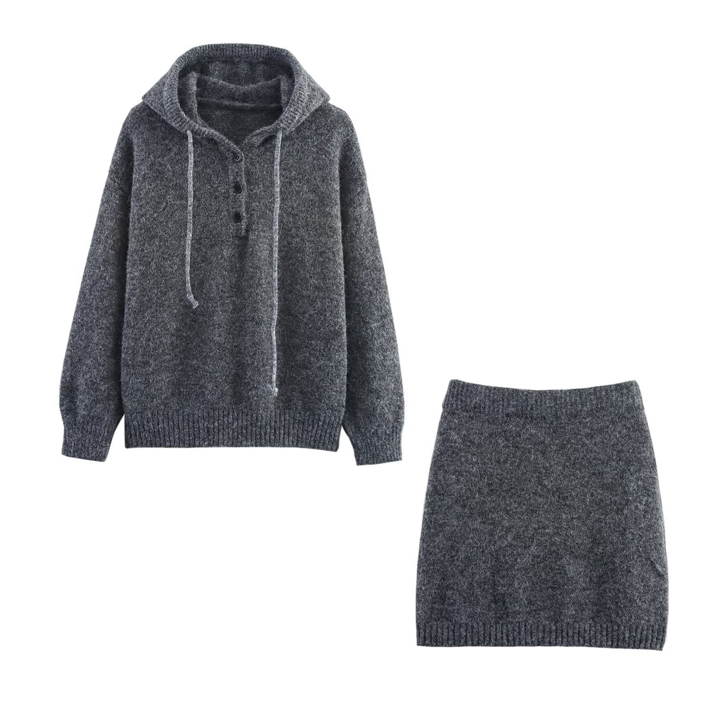 Autumn New Hooded Knitted Sweater Long Sleeve Pullover Short Mid-length Dress Set