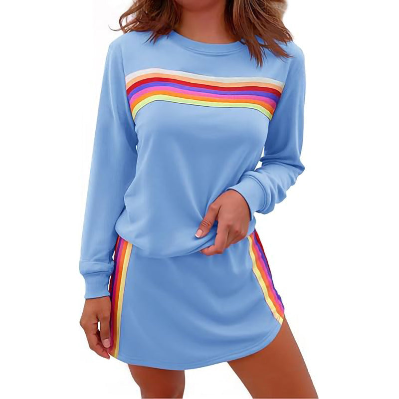 Simple Loose Rainbow Round Neck Sweater Trousers Two-piece Set