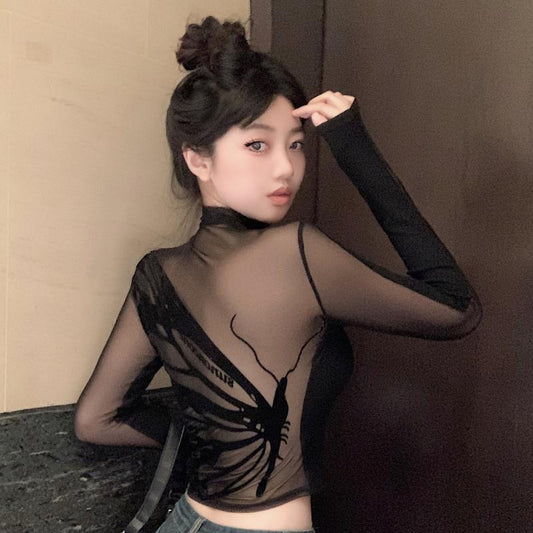 Forår og efterår amerikansk hot girl smart mesh kort syning langærmet