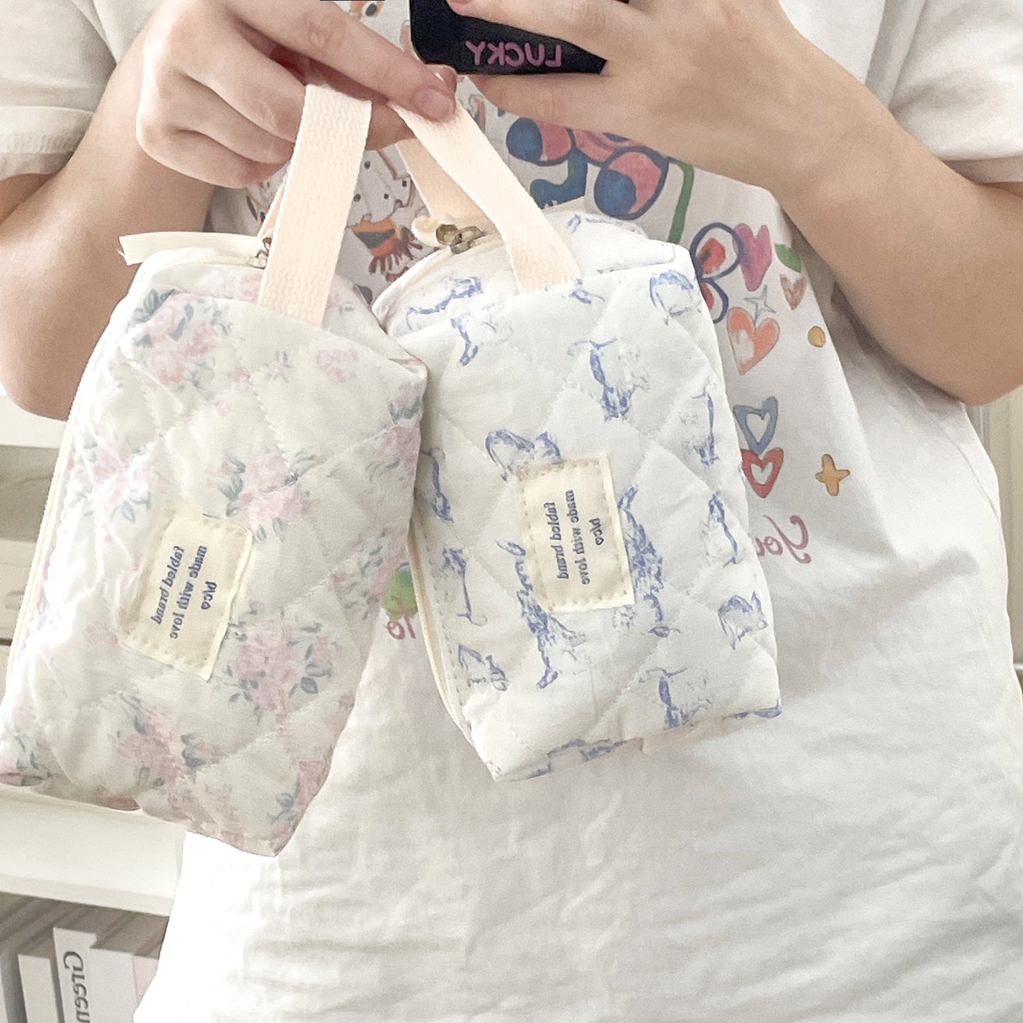 Navy Floral Clutch Cosmetic Bag Korean Style Cute Girl Heart Kitty Storage Bag Sewing Thread Cotton Bag