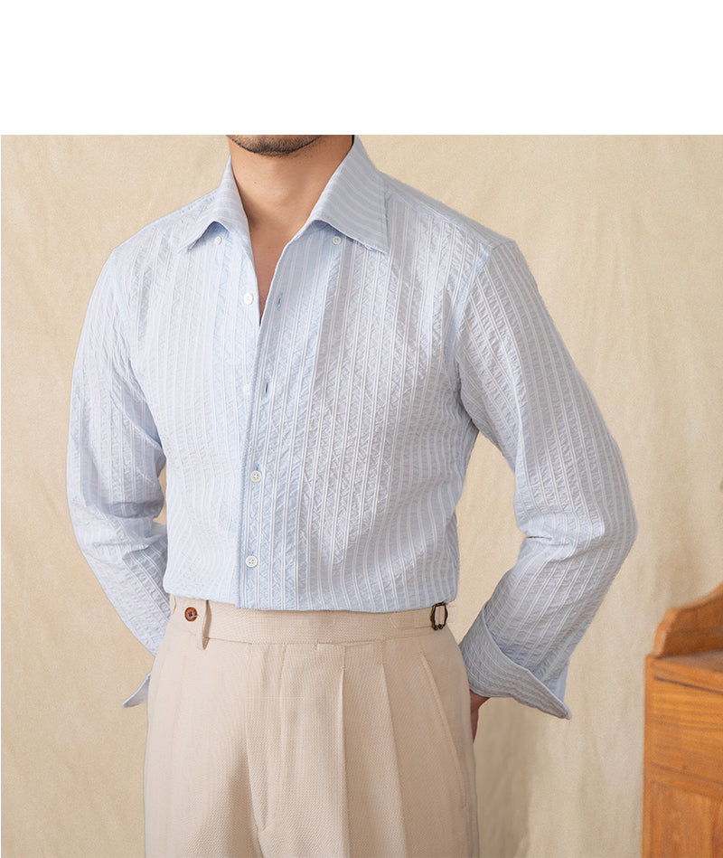Cotton Seersucker Thin Long-sleeved Shirt One Collar Casual Shirt