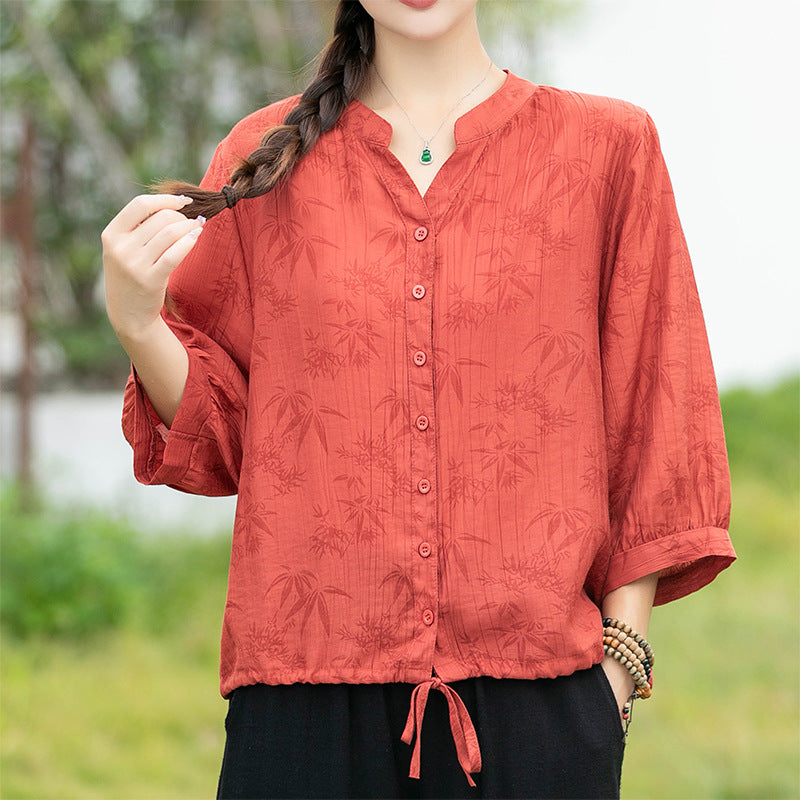 Multi-Color V-neck Pleated Loose Short Sleeve Shirt