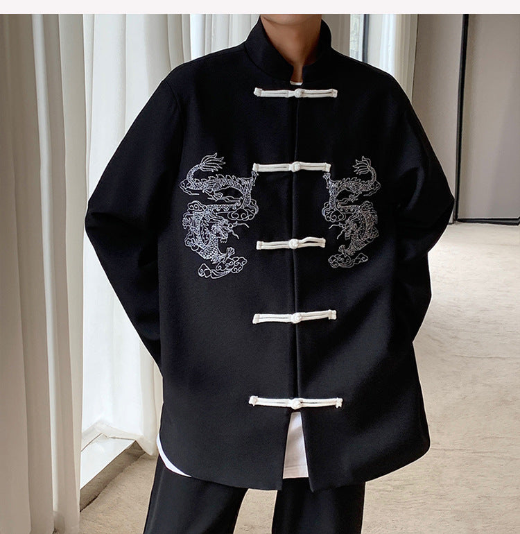 Dragon Embroidery Button Suit Stand Collar