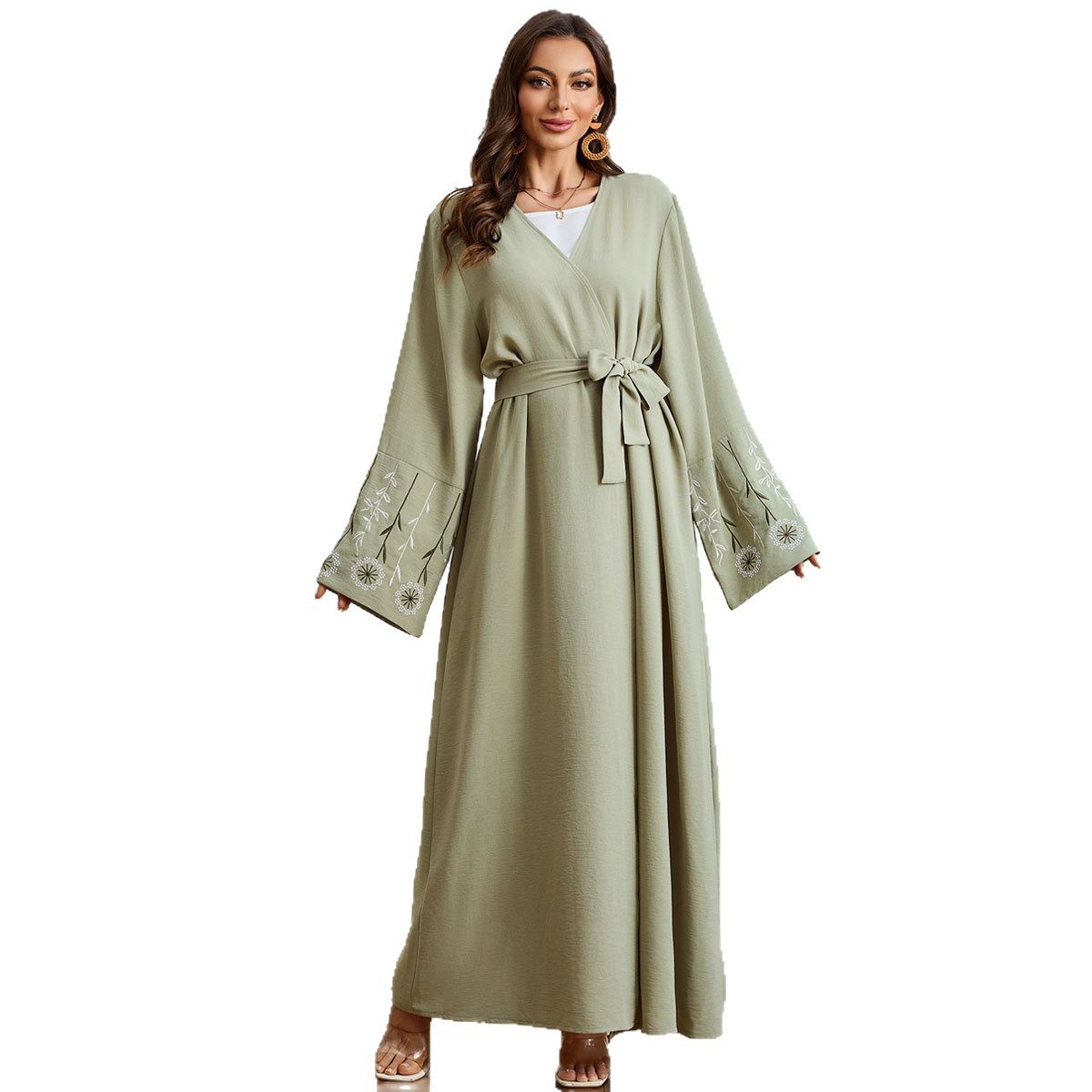 Fashionable Elegant Cardigan Belt Embroidered Dress Robe