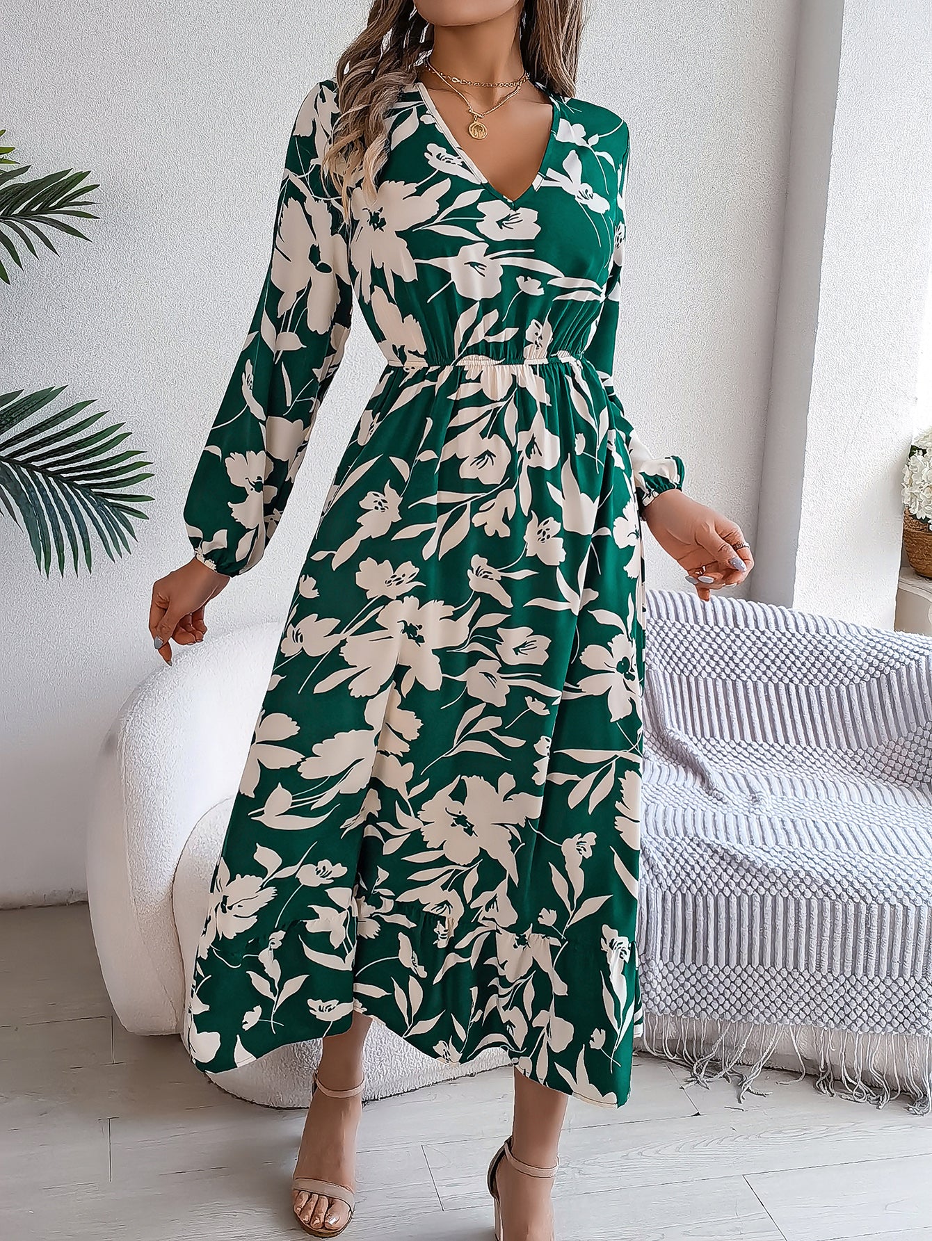Dame Casual Blomstret Slå Om-kjole Med Lange Ærmer Og Flæser