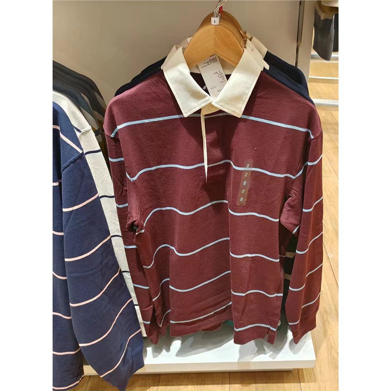 Casual Polo Shirt Long-sleeve Loose-fit Striped T-shirt