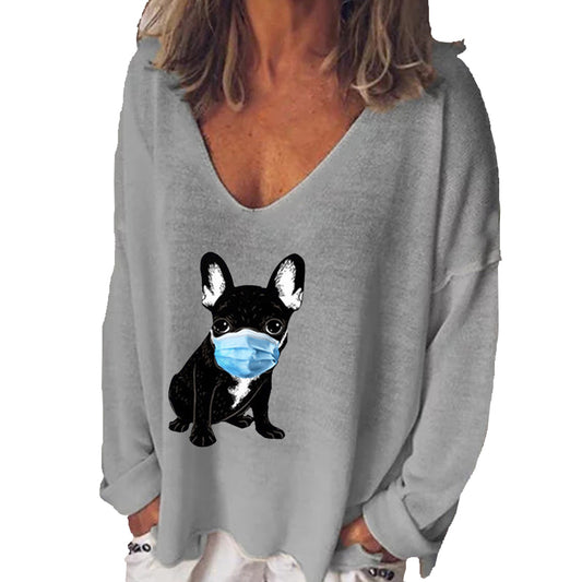 Puppy Muzzle Print V-Neck Long Sleeve T-Shirt Women