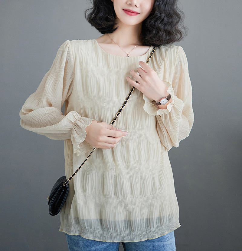 Pleated Bell Sleeve Chiffon Shirt Loose Long Sleeve Top