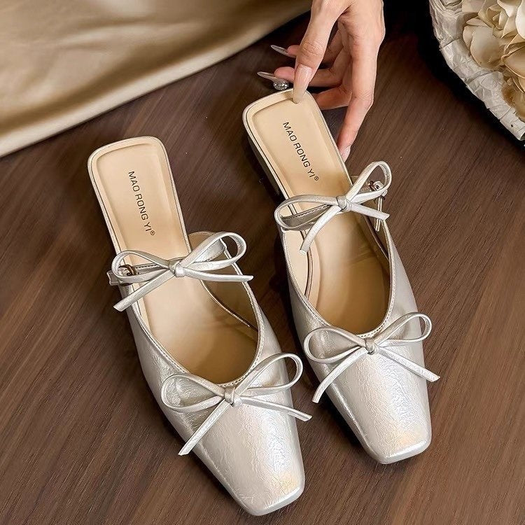 New Women's Bowknot Closed Toe Mule Slippers Elegant Chunky Heel One-Step Slip On Sandals