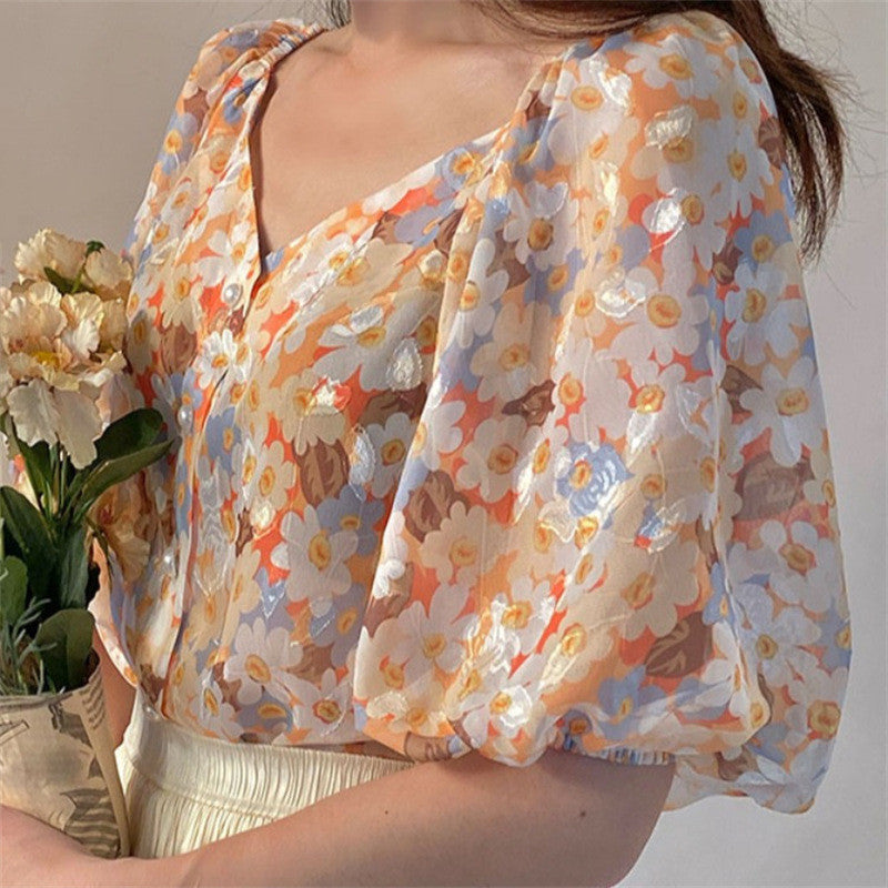 Women's Summer French Vintage Chiffon Shirt V-Neck Print Top