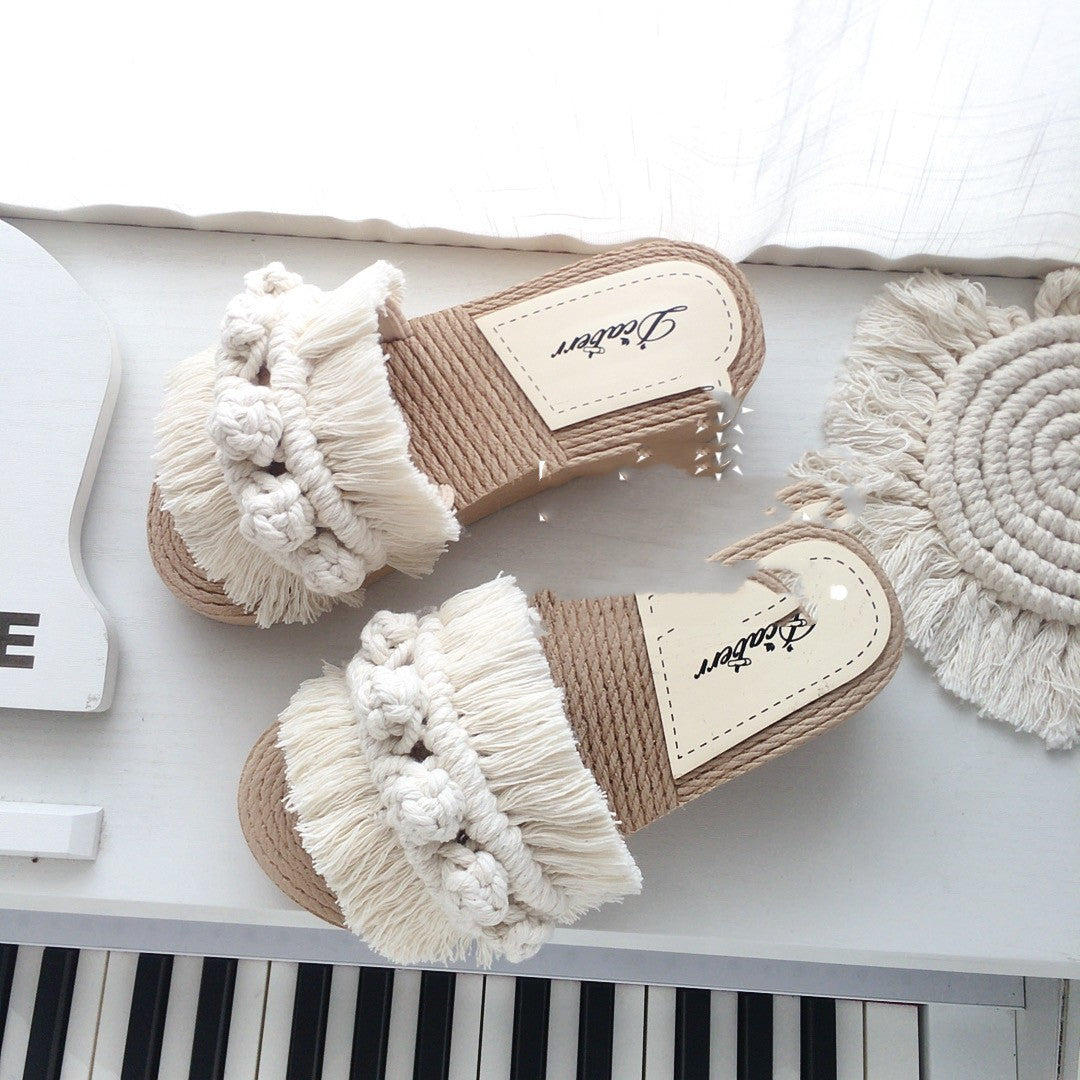 Hjemme- og ude-slippers med tyk sål i etnisk stil af bomuldsreb