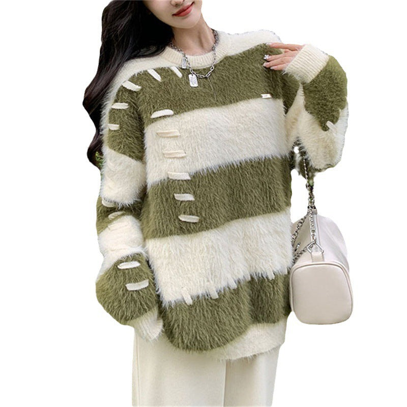 Women's Sweater Thick Gentle Loose Lazy Stripe Japanese Retro