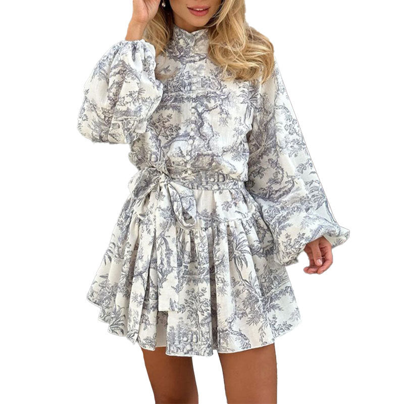 Womens Printed Tie Waist Short Dress