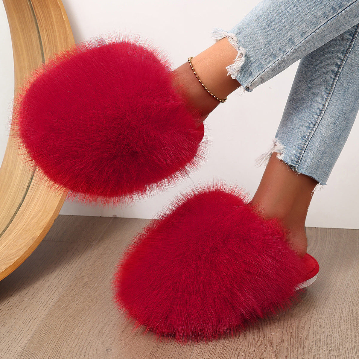 Kvinde Plus-size Ensfarvede Fluffy Store Pelsede Hjemmesko