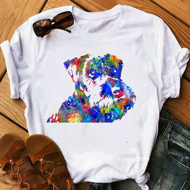 Summer Women's Round Neck T-shirt Cartoon Colorful Puppy Series