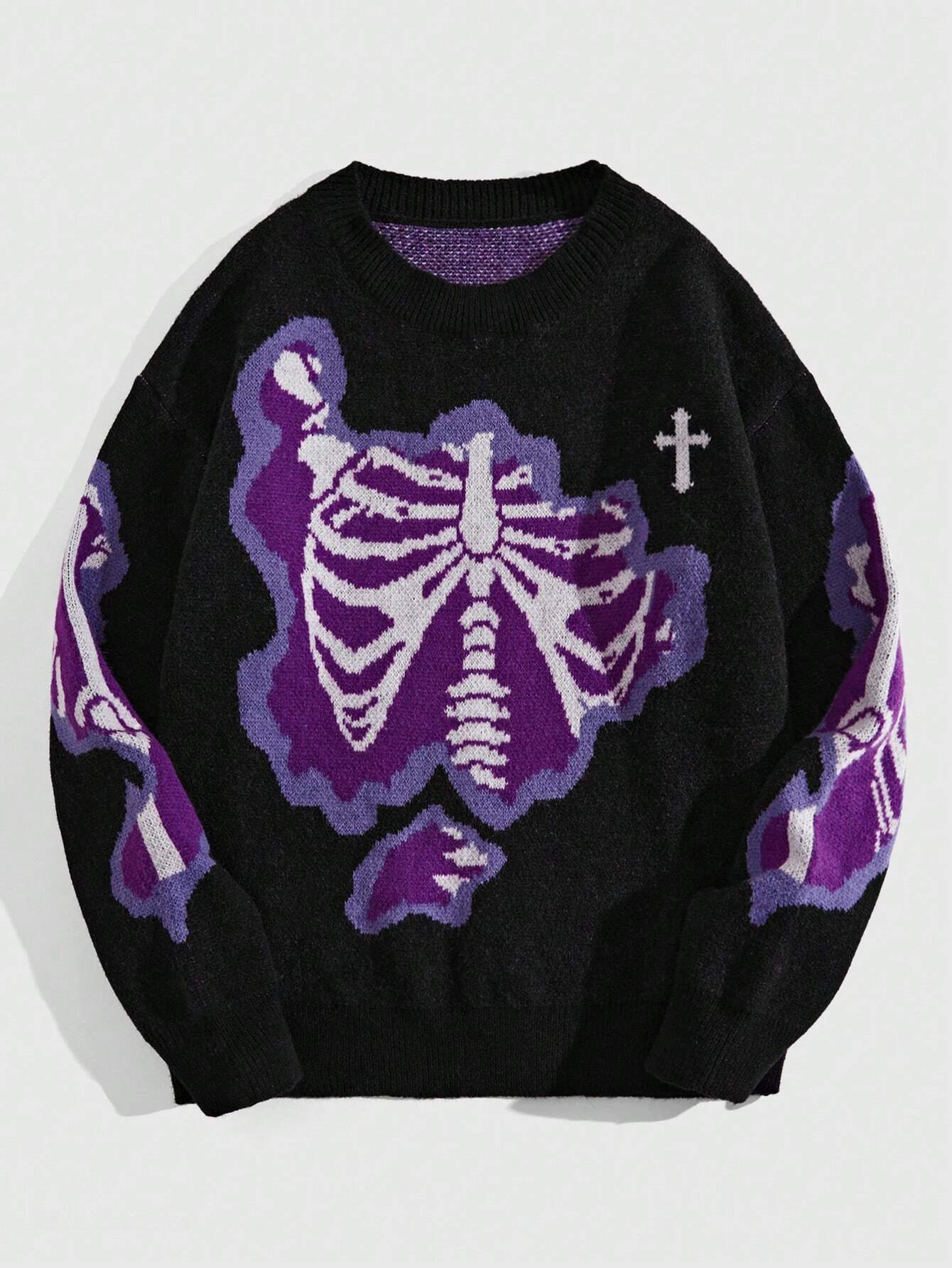 Personality Street Trend Dark Style Skeleton Jacquard Round Neck Pullover Knitted Sweater