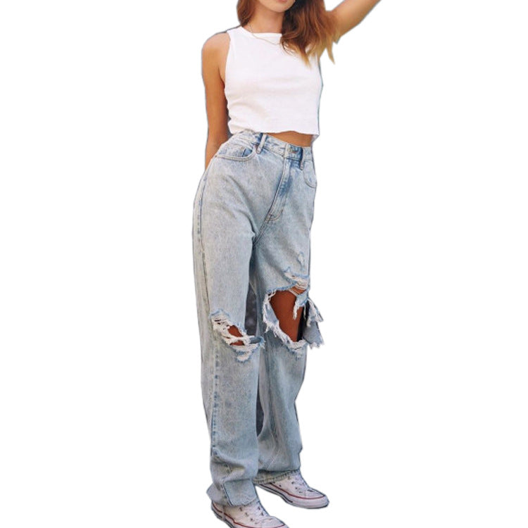 European And American Ladies Jeans Ripped Holes Show Thin Denim