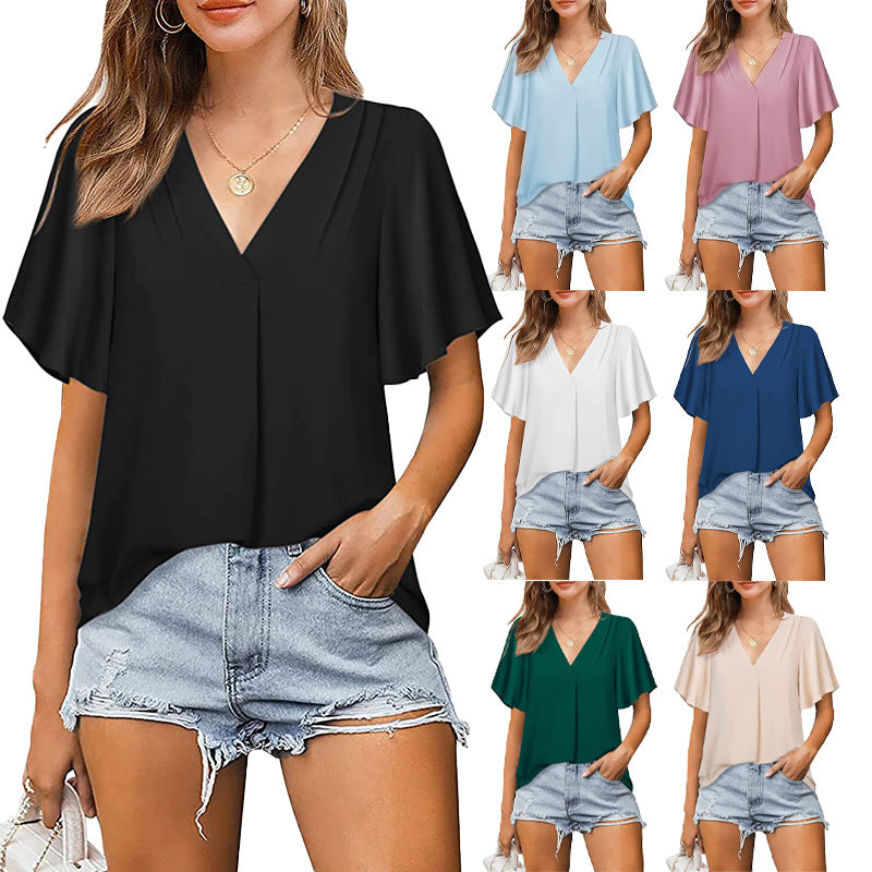Chiffon With V-shaped Shape Pleated Loose Shirt