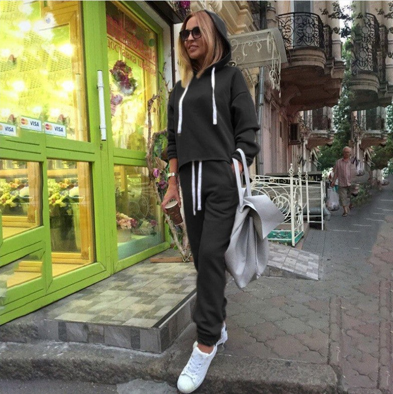 Solid Color Women's Hooded Irregular Sweatshirt Suit Two-piece Set