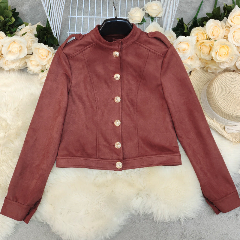 Veste courte en suède à manches longues, style rétro mode femme