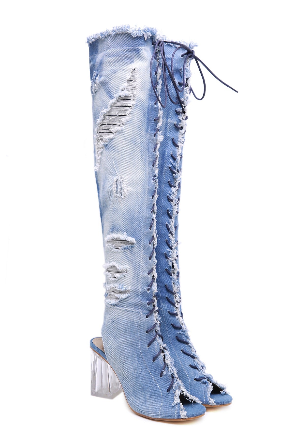 Crystal Block Heel Denim Fish Mouth Strap Roman High Heel Boots
