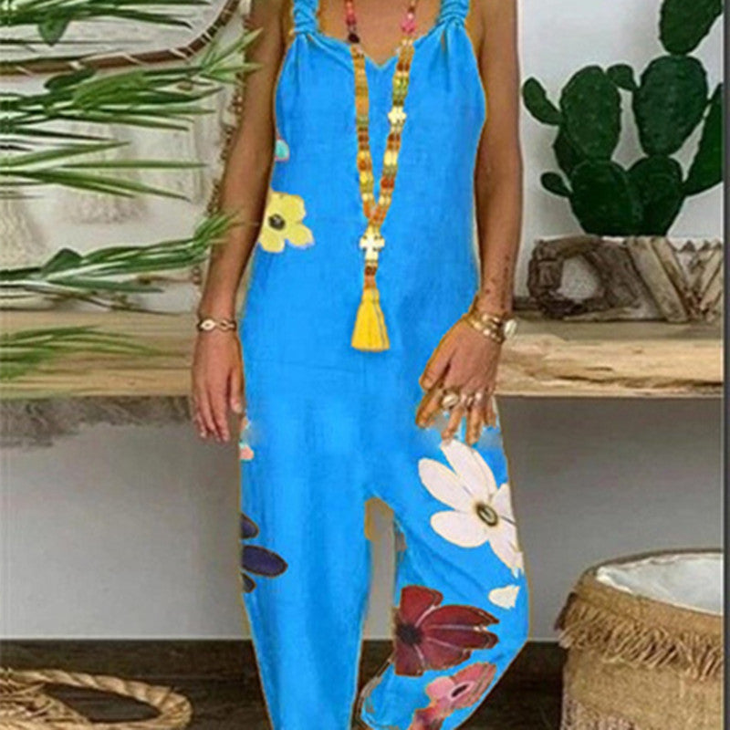 Women's Fashion Minimalist Loose Fitting Casual Printed One Piece Strappy Trousers
