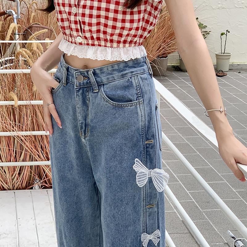 Bow High Waist Loose Straight Jeans