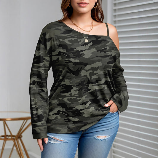 Plus-size Women's Solid-color Off-shoulder Long-sleeve T-shirt