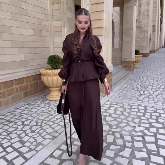 Elegant V-neck Waist-controlled Long Sleeves Cardigan Top High Waist Mid-length Dress Set