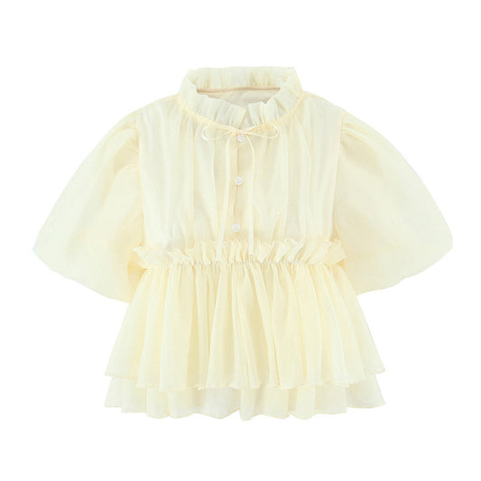 Fashionable All-match Puffed Sleeves Lace-up Short-sleeved Doll Shirt