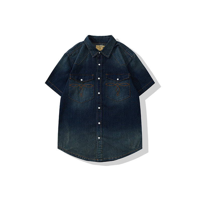 American Retro Classic Bag Flower Wash Short Sleeve Denim Shirt