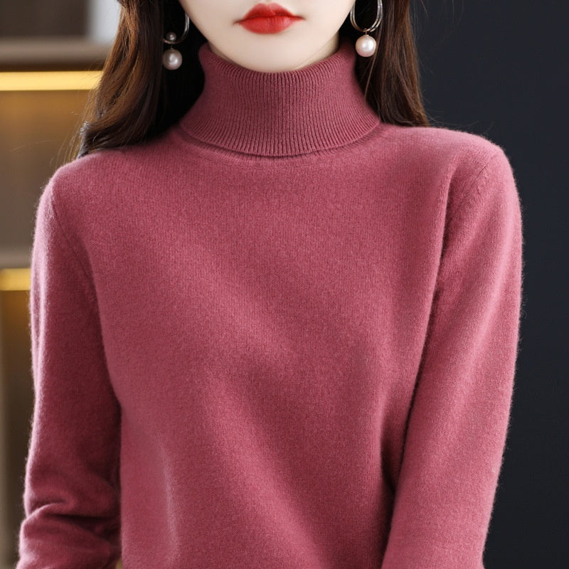 Pure Wool Sweater Women's Turtleneck Pullover Solid Color Loose Short