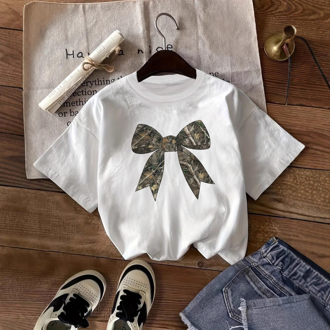 Digital Bow-tie American Retro Loose Short-sleeve Top