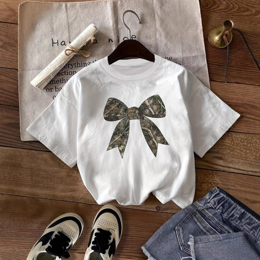 Digital Bow-tie American Retro Loose Short-sleeve Top