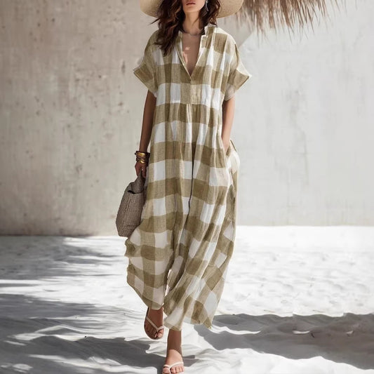 Plaid V-neck Long Cotton-Linen Dress