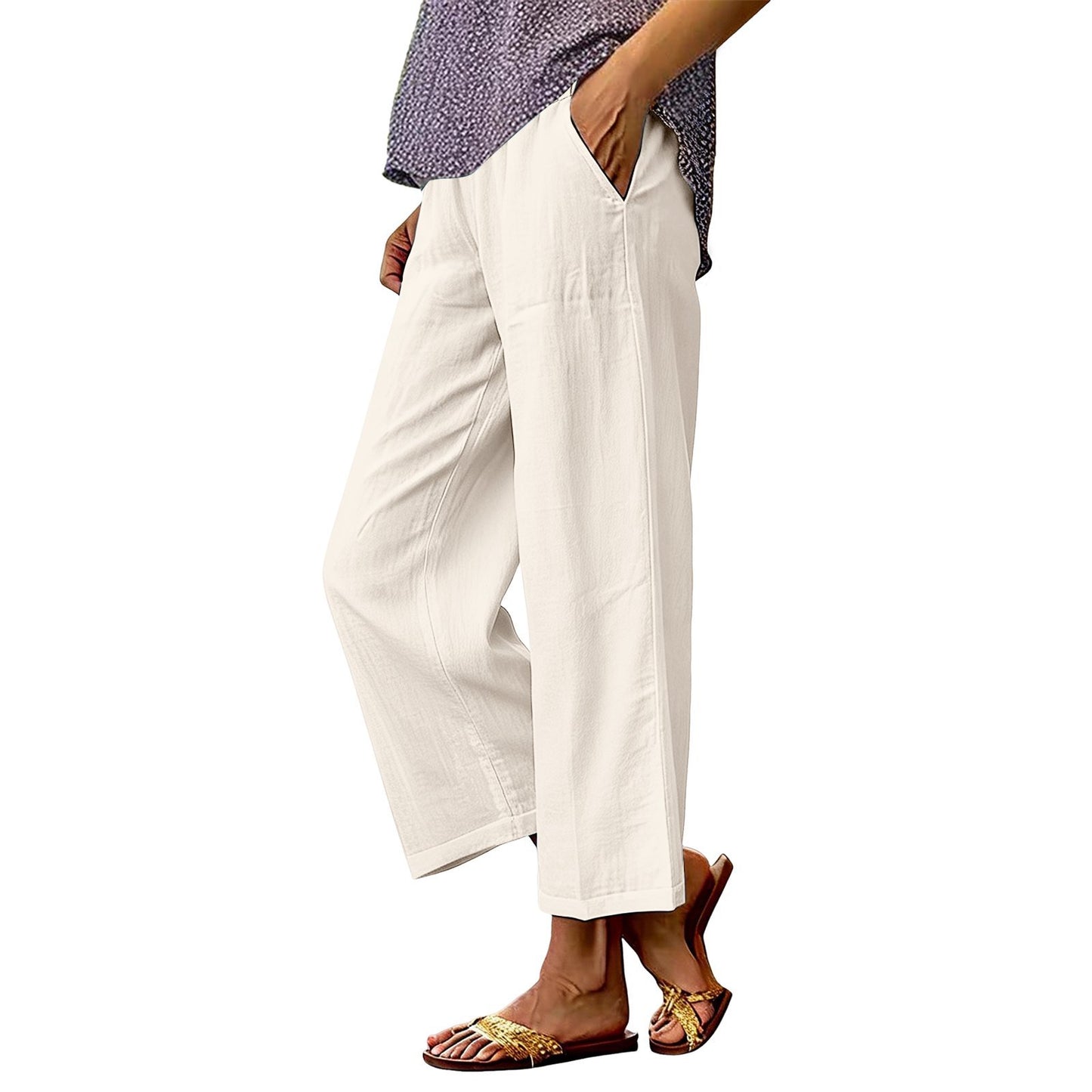 Womens Solid-Color Cotton-Linen Loose-Fit Wide-Leg Casual Pants
