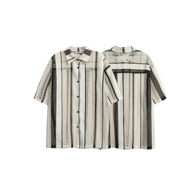 Japanese-style Retro Striped Hollow Contrast Color Mesh Loose Short Sleeve Shirt